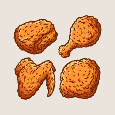 Renkli kızarmış tavuk derleme karikatürü izole edilmiş çizim tarzı eskiz klasik klasik tasarım illüstrasyonu