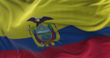 Rüzgarda dalgalanan Ekvador Ulusal Bayrağının yakın çekim görüntüsü. Ekvador Cumhuriyeti bir Güney Amerika devletidir. Kumaş desenli arka plan. Seçici odaklanma. Yavaş çekimde kusursuz döngü