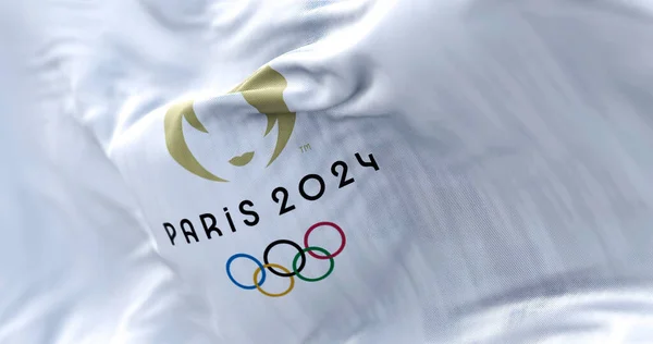 Pariisi Lokakuu 2022 Lähikuva Tuulessa Vilkuttavasta Pariisin Vuoden 2024 Kesäolympialaisista — kuvapankkivalokuva