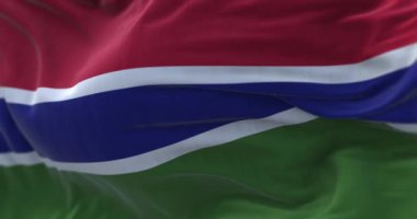 Gambiya ulusal bayrağının rüzgarda dalgalanırken yakın plan görüntüsü. Gambiya Cumhuriyeti bir Batı Afrika devletidir. Kumaş desenli arka plan. Seçici odaklanma. Yavaş çekimde kusursuz döngü