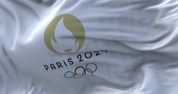 Paris Ekim 2022 Paris 2024 Yaz Olimpiyatları Bayrağının Rüzgarda Dalgalanmasına — Stok video