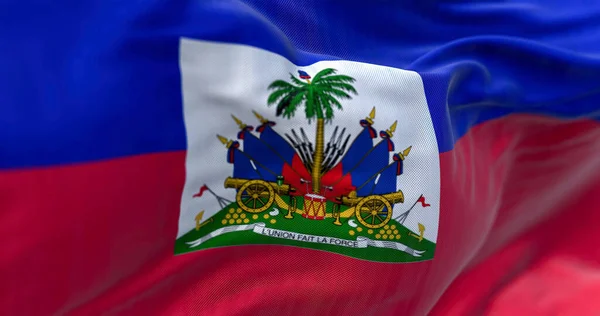 Vista Perto Bandeira Nacional Haiti Acenando Vento República Haiti Estado — Fotografia de Stock