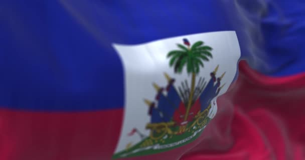 Vista Cerca Bandera Nacional Haití Ondeando República Haití Estado Situado — Vídeos de Stock