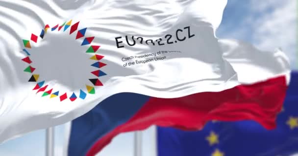 Prága Csehország 2022 Október Európai Tanács 2022 Cseh Elnökségének Zászlói — Stock videók