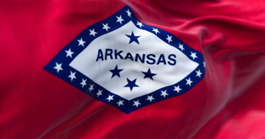 Arkansas eyalet bayrağının dalgalanma görüntüsü. Arkansas bir Birleşik Devletler devletidir. Kumaş desenli arka plan. Seçici odak
