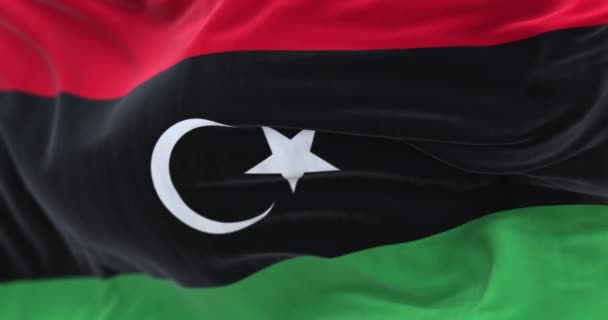 Γκρο Πλαν Άποψη Της Λιβύης Εθνική Σημαία Κυματίζει Κράτος Της — Αρχείο Βίντεο