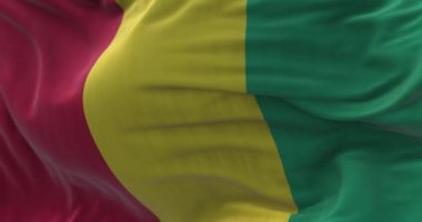 Ulusal Gine bayrağının dalgalanma görüntüsü. Gine Cumhuriyeti bir Batı Afrika devletidir. Kumaş desenli arka plan. Seçici odaklanma. Yavaş çekimde kusursuz döngü