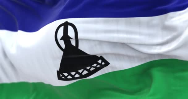 Närbild Den Lesotho Nationella Flaggan Viftar Konungariket Lesotho Stat Södra — Stockvideo