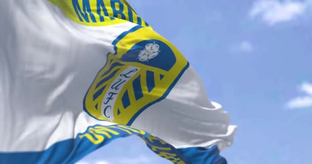 英国利兹 2022年10月 利兹联盟的旗帜在风中飘扬 利兹足球俱乐部 Leeds United Football Club 是一家位于利兹的英格兰足球俱乐部 无缝圈慢动作 — 图库视频影像