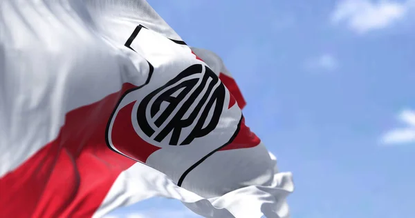 美国亚利桑那州布宜诺斯艾利斯 2022年10月 在风中飘扬的平板河旗帜 平板河 River Plate 是阿根廷的一个体育俱乐部 总部设在布宜诺斯艾利斯 有选择的重点 3D插图渲染 — 图库照片