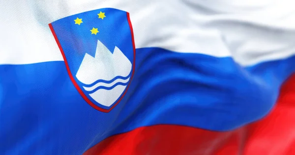 Γκρο Πλαν Άποψη Της Σλοβενίας Εθνική Σημαία Κυματίζει Δημοκρατία Της — Φωτογραφία Αρχείου