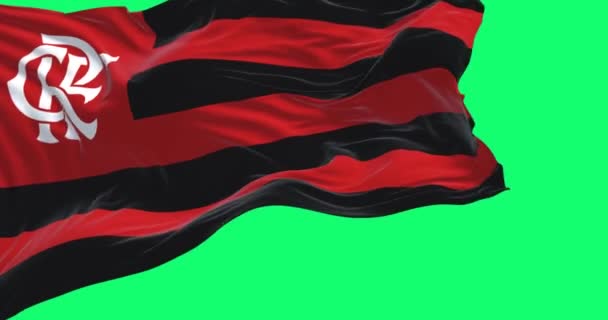 ジャネイロ 2022年10月 緑の背景に隔離された風に揺れるフラメンゴの旗 フラメンゴ Flamengo ブラジルのマルチスポーツクラブ スローモーションでシームレスなループ 3Dレンダリング クロマキー — ストック動画