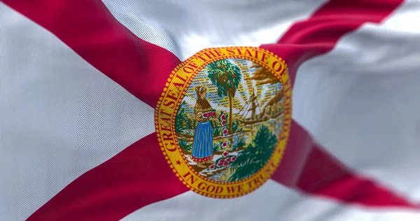 Close-up view of the Florida state flag waving in the wind. Florida is a state of the United States of America. Fabric textured background. Selective focus. 3D illustration
