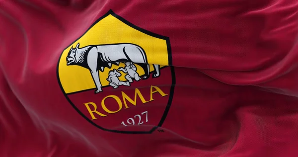 2022年10月 意大利罗马 罗马国旗飘扬 罗马足球俱乐部 Roma 是一家位于罗马的职业足球俱乐部 面料纹理背景 有选择的重点 3D插图 — 图库照片