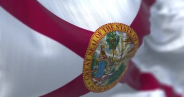 Florida eyaletinin rüzgarda dalgalanan bayrağının yakın çekimi. Florida, Amerika Birleşik Devletleri 'nde bir eyalettir. Kumaş desenli arka plan. Seçici odaklanma. Yavaş çekimde kusursuz döngü. 3 Boyutlu Hazırlama