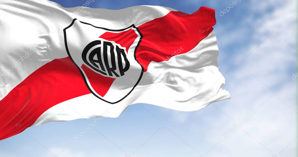 Buenos Aires, AR, Oct. 2022: The River Plate flag waving in the wind. River Plate is an Argentine sports club based in Buenos Aires. 3D illustration render