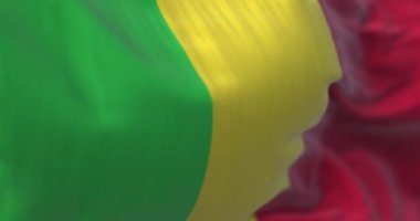 Rüzgarda dalgalanan Mali ulusal bayrağının yakın çekim görüntüsü. Mali Cumhuriyeti Batı Afrika 'da denize kıyısı olmayan bir ülkedir. Kumaş desenli arka plan. Seçici odaklanma. Yavaş çekimde kusursuz döngü. 3 Boyutlu Hazırlama