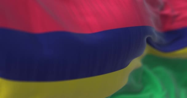 モーリシャス国旗が手を振っのクローズアップビュー モーリシャス共和国はインド洋の島国です 選択的フォーカス スローモーションでシームレスなループ 3Dレンダリング — ストック動画