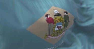 Delaware eyalet bayrağının dalgalanma görüntüsü. Delaware, Amerika Birleşik Devletleri 'nin orta-Atlantik bölgesinde bulunan bir devlettir. Kumaş desenli arka plan. Seçici odaklanma. Yavaş çekimde kusursuz döngü. 3 Boyutlu Hazırlama