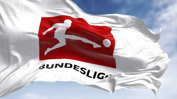 ミュンヘン 2022年11月 ブンデスリーガの旗が風になびくクローズアップ ブンデスリーガ ブンデスリーガ はドイツのプロサッカーリーグ イラスト編集を担当 3Dイラスト — ストック写真