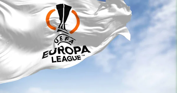 Budapest Nov 2022 Bandeira Uefa Europa League Acenando Vento Liga — Fotografia de Stock