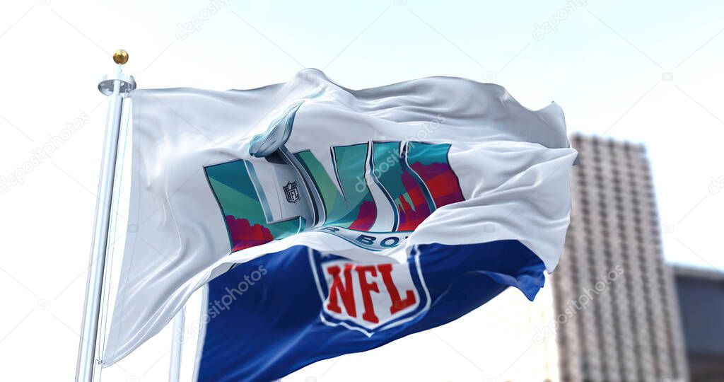 Glendale, US, Nov 2022: The 57th Super Bowl flag flying with the NFL flag blurred in the background. The game is scheduled to be played on February 12, 2023 in Glendale, Arizona