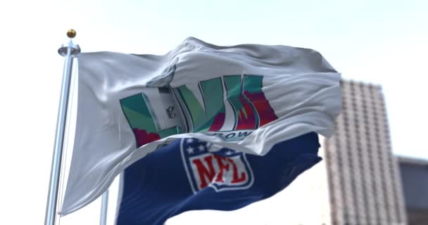美国格伦代尔 2022年11月 第57届超级杯的旗帜与Nfl的旗帜一起飘扬 游戏定于2023年2月12日在亚利桑那州格伦代尔举行 无缝圈慢动作 3D渲染 — 图库视频影像