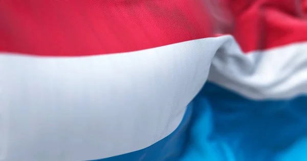 リヒテンシュタイン国旗が手を振っのクローズアップビュー ルクセンブルク大公国は西ヨーロッパの内陸国である 生地の質感の背景 選択的フォーカス 3Dイラスト — ストック写真