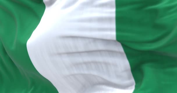 ナイジェリアの国旗が手を振っのクローズアップビュー ナイジェリア連邦共和国は西アフリカの国である 生地の質感の背景 選択的フォーカス スローモーションでシームレスなループ 3Dレンダリング — ストック動画