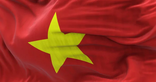 近视越南国旗在风中飘扬 越南社会主义共和国是一个东南亚国家 面料纹理背景 有选择的重点 3D插图 — 图库照片