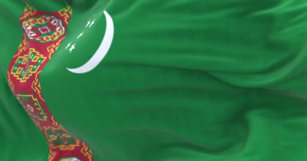 Närbild Turkmenistans Nationella Flagga Viftande Turkmenistan Stat Centralasien Tygstruktur Bakgrund — Stockvideo