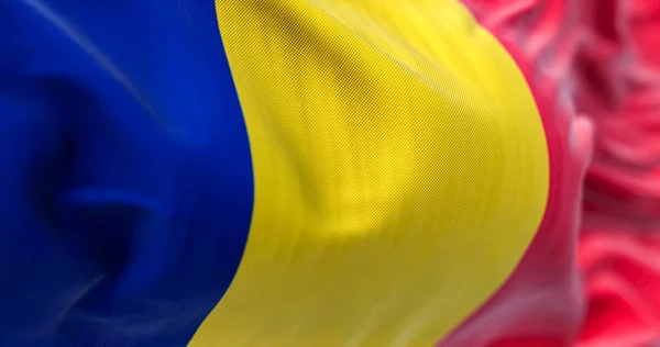 Detail Rumunské Národní Vlajky Vlnící Větru Rumunsko Členským Státem Evropské — Stock fotografie