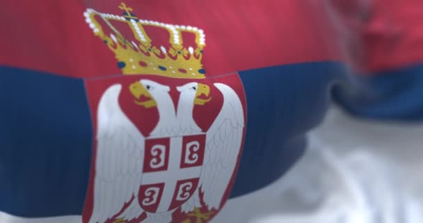Sırbistan Bayrağının Rüzgarda Dalgalanmasının Ayrıntıları Sırbistan Cumhuriyeti Bir Güneydoğu Avrupa — Stok video