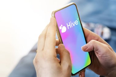 San Francisco, ABD, Kasım 2022: Hive Social mobil uygulaması ekranda olan telefonu tutan kadın eller. Hive bir sosyal medya platformu.