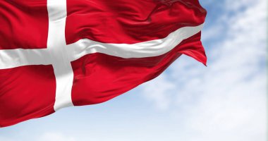 Danimarka ulusal bayrağının rüzgarda dalgalanmasını yakından izliyoruz. Danimarka Krallığı Kuzey Avrupa 'da bir İskandinav ülkesidir. Kumaş desenli arka plan. Seçici odaklanma. 3d illüstrasyon