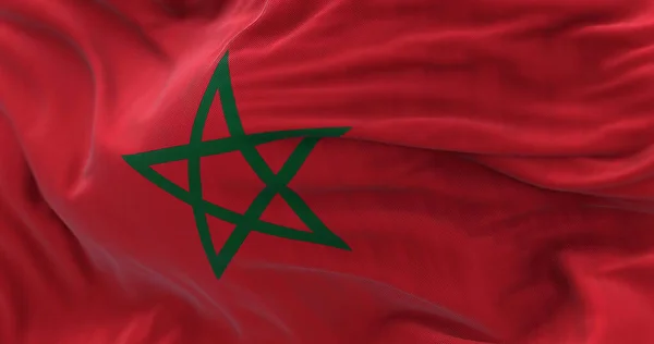 Vista Perto Bandeira Nacional Marrocos Acenando Vento Reino Marrocos País — Fotografia de Stock
