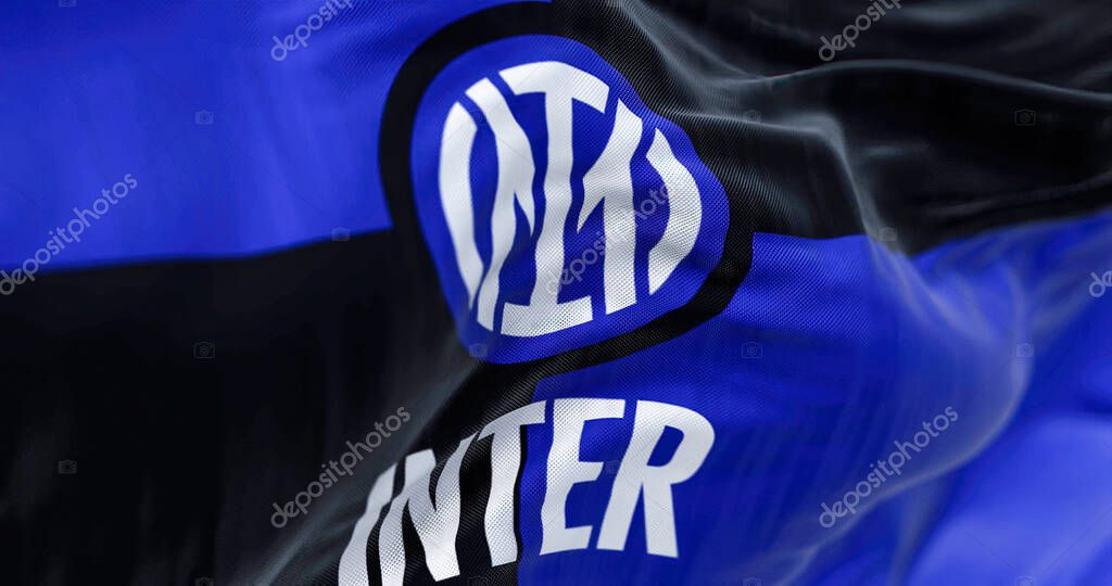 Milan, Italy, July 2022: The flag of Inter Football Club waving in the wind. Inter is a professional football club based in Milan, Italy