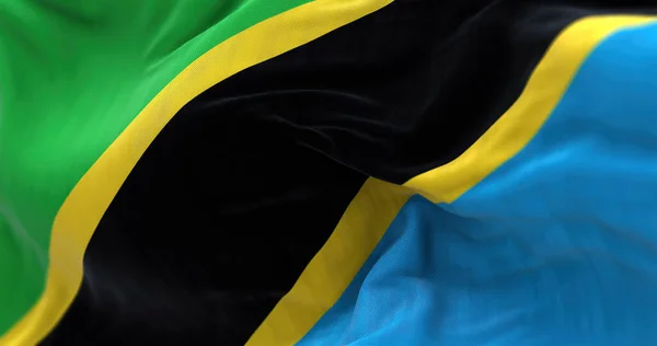 Tanzanya Ulusal Bayrağının Rüzgarda Dalgalanmasını Yakından Izliyoruz Tanzanya Birleşik Cumhuriyeti — Stok fotoğraf