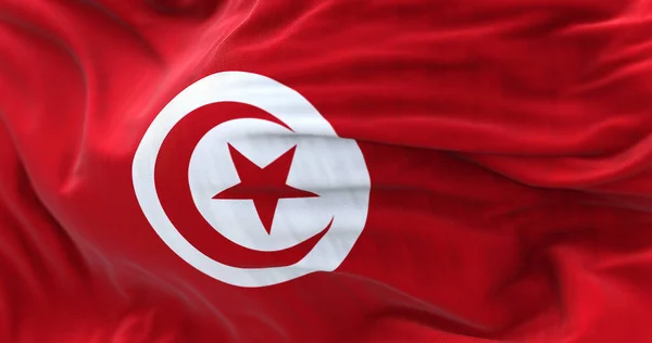 Vista Perto Bandeira Nacional Tunísia Acenando Vento República Tunísia País — Fotografia de Stock