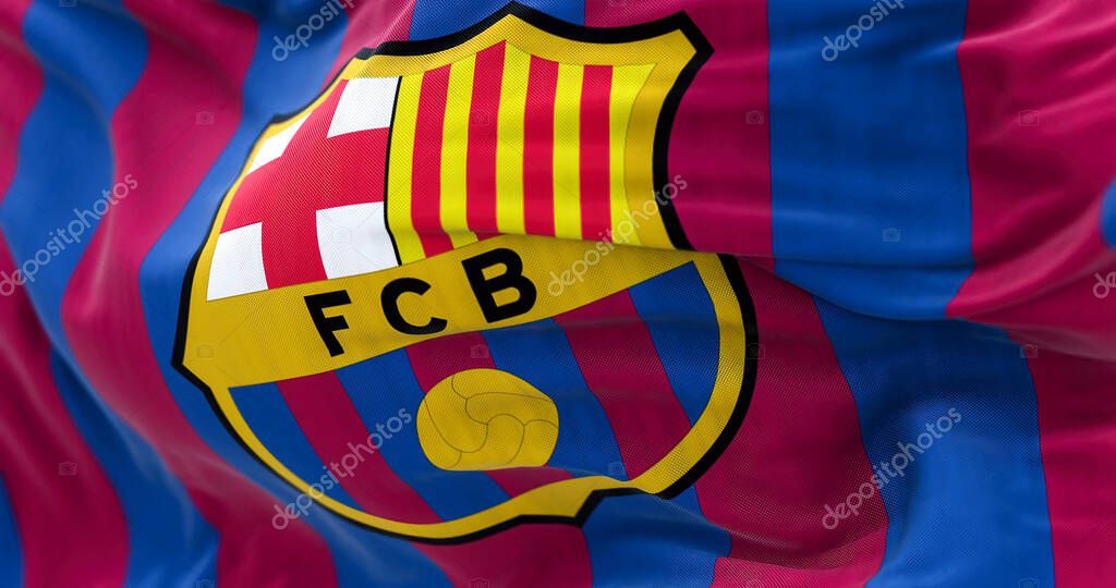 Barcelona, Spain, May 2022: Close up of the FC Barcelona flag waving . FC Barcelona is a Spanish professional football club based in Barcelona