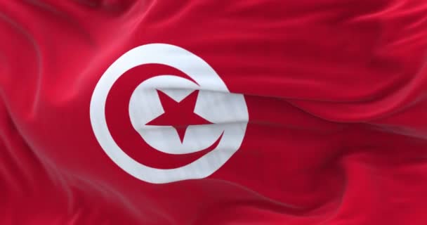 Närbild Tunisien Nationella Flaggan Viftar Vinden Republiken Tunisien Ett Nordafrikanskt — Stockvideo