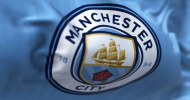 Manchester, İngiltere, Mayıs 2022: Manchester City bayrağının dalgalandığı kumaş arka plan. Manchester F.C. Bradford, Manchester merkezli profesyonel bir futbol kulübüdür. 3B illüstrasyon
