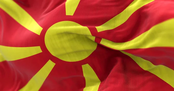 Крупный План Национального Флага Северной Македонии Размахивающего Ветром Республика Северная — стоковое фото