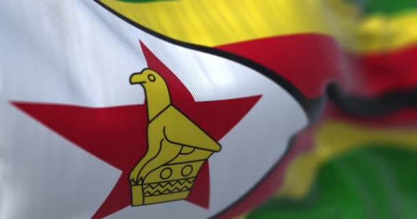 Närbild Republiken Zimbabwes Nationella Flagga Viftar Vinden Tygstruktur Bakgrund Selektivt — Stockvideo
