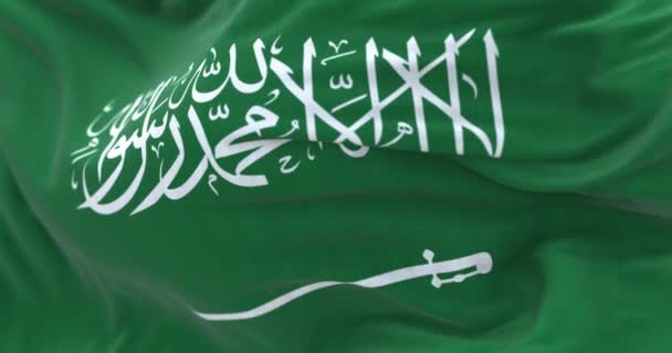 サウジアラビア国旗を振っている サウジアラビア王国は西アジアの国です 繊維のバックグラウンドが低下 選択的フォーカス スローモーションでシームレスにループします 現実的な3Dレンダリング — ストック動画