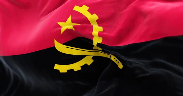 Närbild Angolas Nationella Flagga Viftar Vinden Republiken Angola Ett Land — Stockfoto
