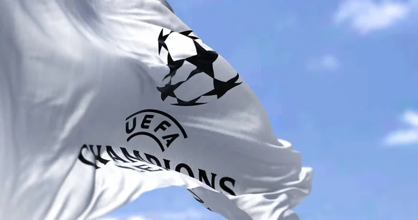Stambuł Grudzień 2022 Flaga Ligi Mistrzów Uefa Machająca Pogodny Dzień — Zdjęcie stockowe