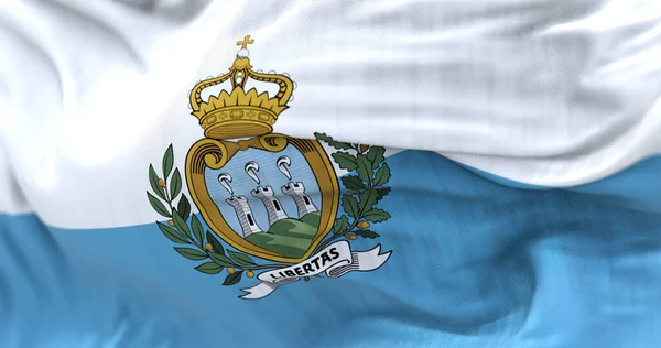 Närbild San Marino Nationella Flaggan Viftar Vinden San Marino Ett — Stockfoto