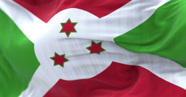 Burundi ulusal bayrağının rüzgarda dalgalanırken yakın plan görüntüsü. Burundi Cumhuriyeti, Afrika kıtasında bulunan bir ülkedir. Kumaş desenli arka plan. Seçici odaklanma. Gerçekçi 3d illüstrasyon