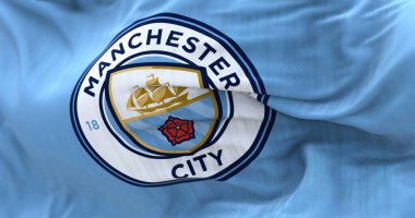 Manchester, İngiltere, DEC 2022: Manchester City bayrağı dalgalanan kumaş arka plan. Manchester City 'den. Bradford, Manchester merkezli profesyonel bir futbol kulübüdür. Gerçekçi 3 boyutlu illüstrasyon